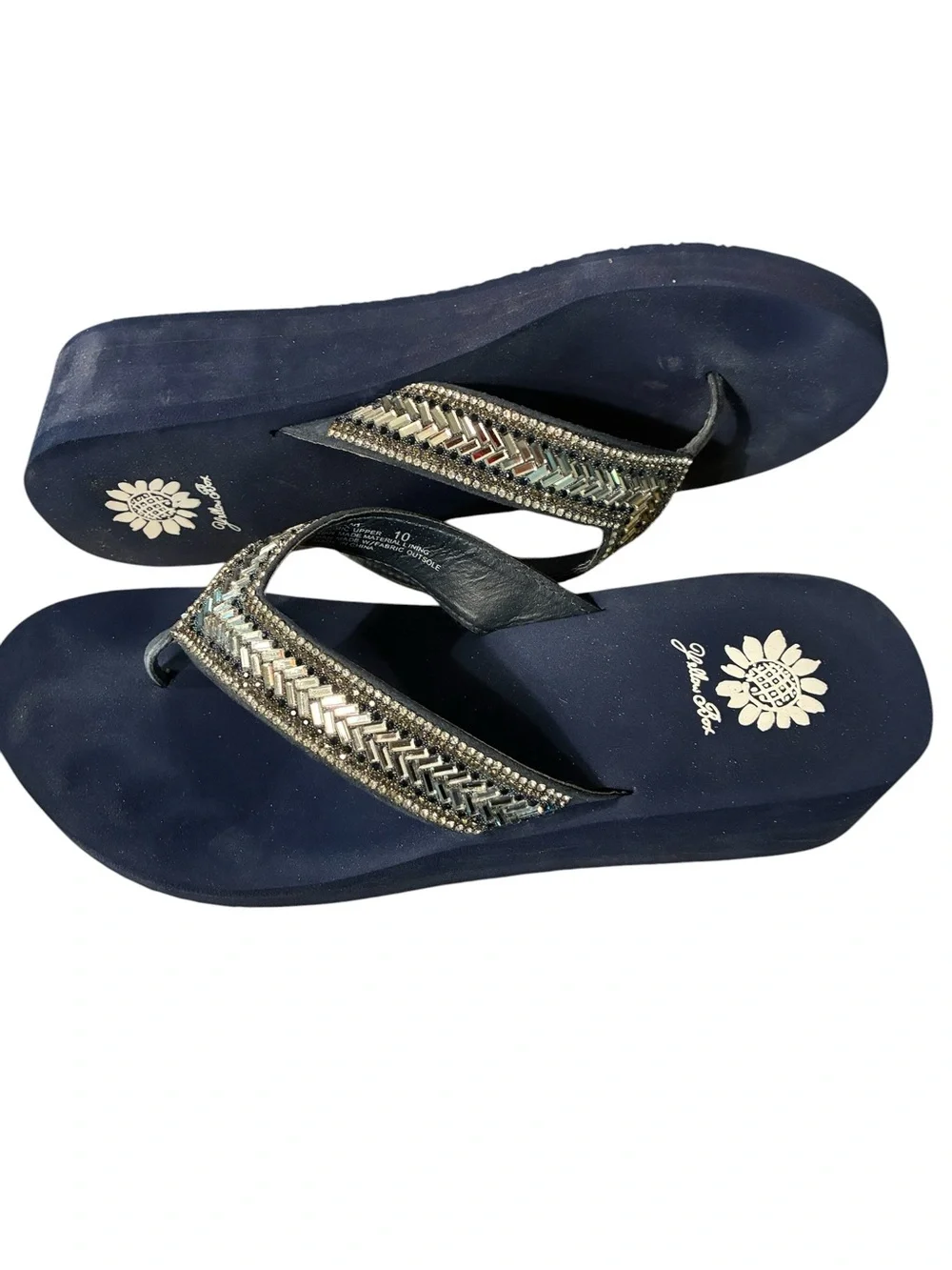 Yellow Box Skyllah Navy Blue Beaded Wedge Sandals Size 9 WORN ONCE - Picture 3 of 9